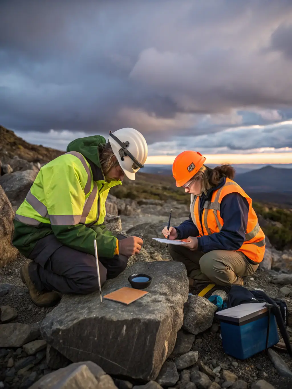 A portrait of a geologist examining rock samples at a core shed, with various geological tools and equipment visible in the background. The geologist is wearing safety glasses and gloves.
