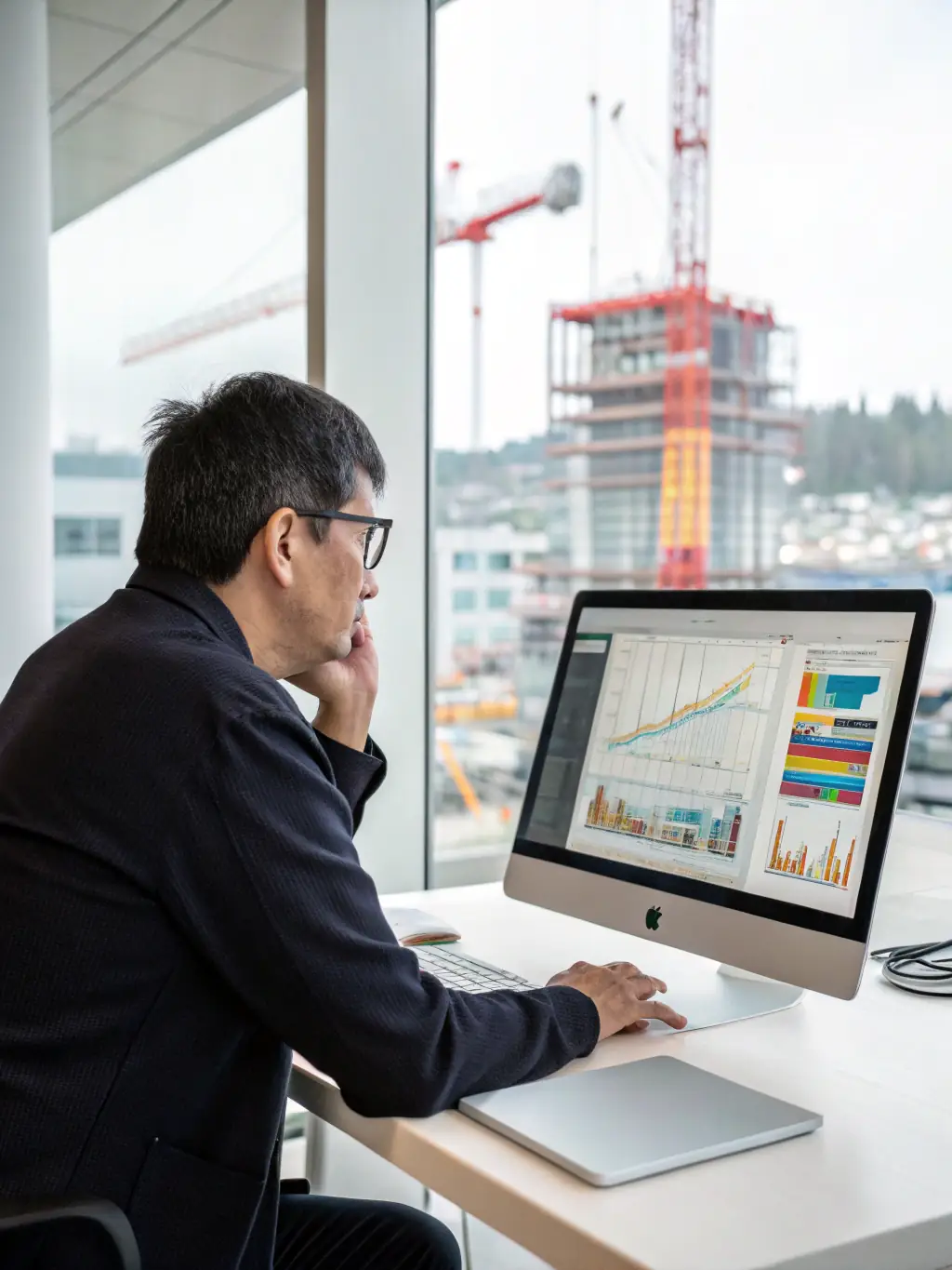 A portrait of a mining engineer reviewing blueprints and technical documents at a site office, with a laptop and other engineering tools visible. The engineer is wearing a hard hat.