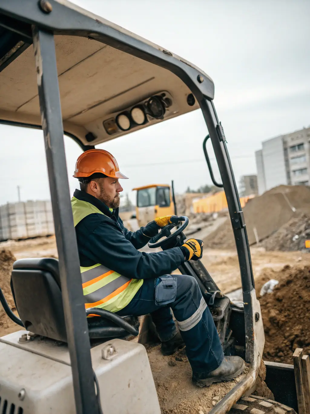 A portrait of a heavy machinery operator skillfully maneuvering a large excavator at a mine site, with dust and earth visible in the background. The operator is wearing appropriate safety gear.