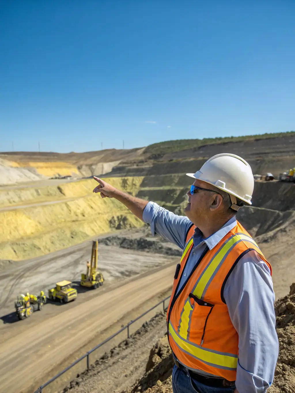 A focused portrait shot of a mine surveyor using surveying equipment at an open-pit mine site in Western Australia, wearing high-visibility clothing and a hard hat. The image should convey precision and technical expertise.